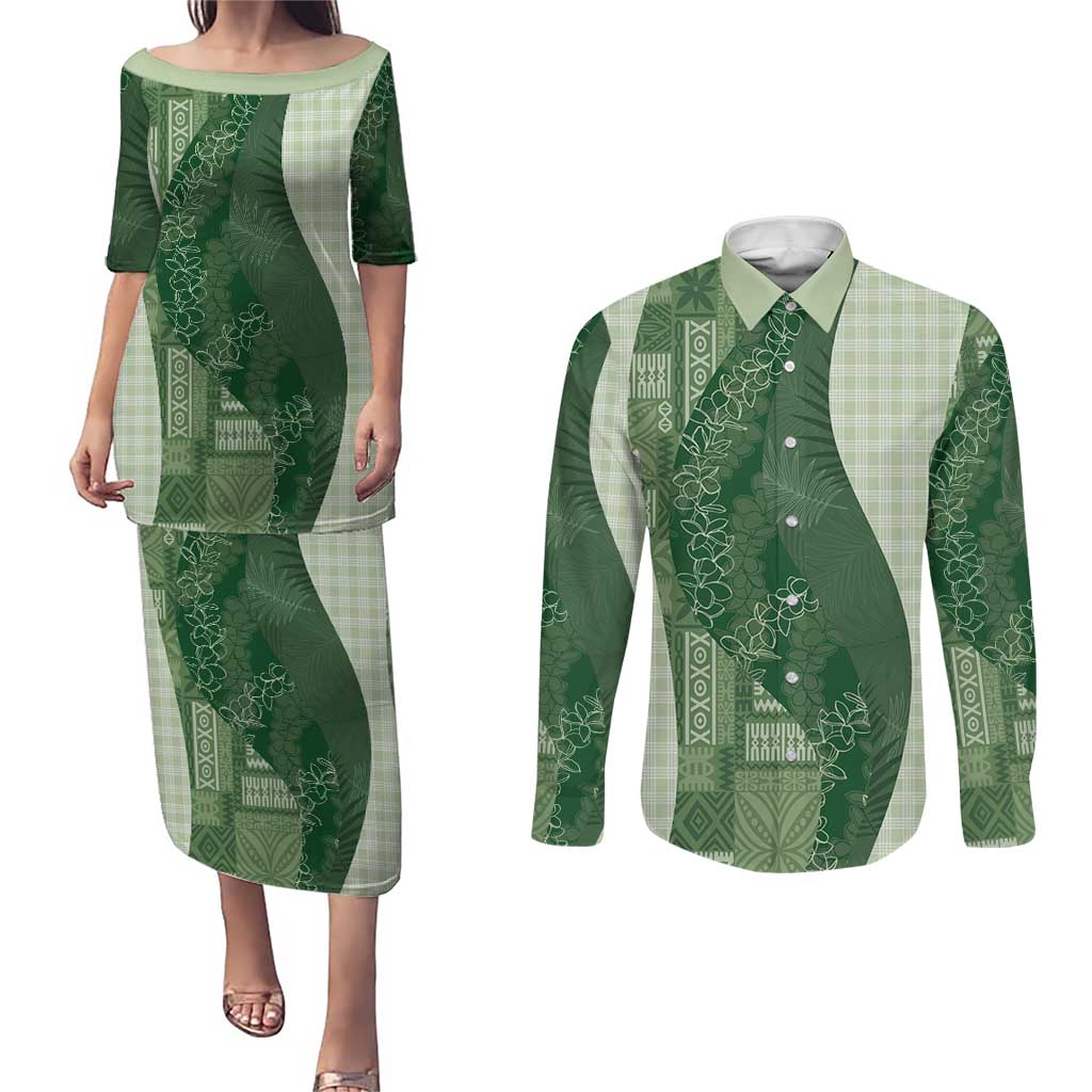 Polynesian Tribal Pattern Patchwork Picturesque Couples Matching Puletasi and Long Sleeve Button Shirt Sage Green LT7 Sage Green - Polynesian Pride