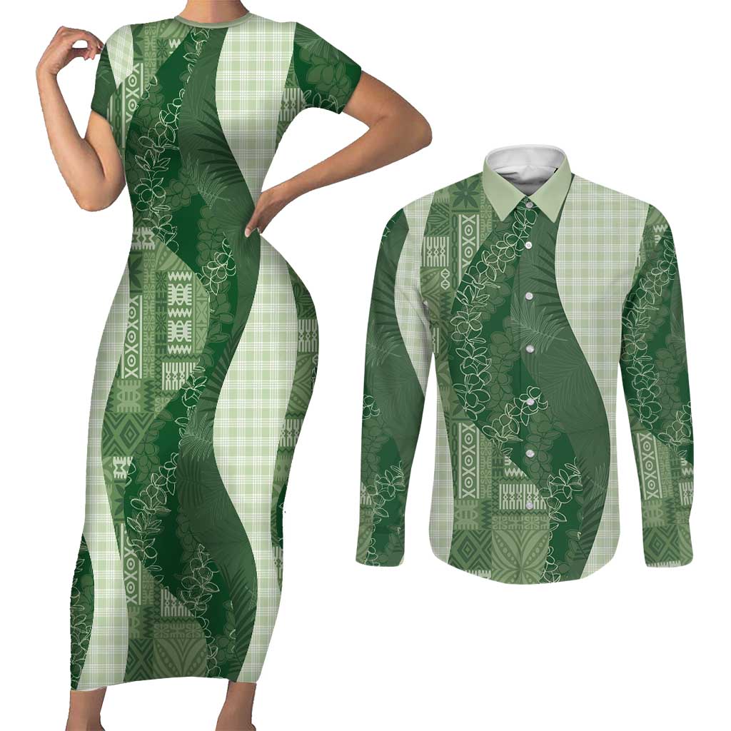 Polynesian Tribal Pattern Patchwork Picturesque Couples Matching Short Sleeve Bodycon Dress and Long Sleeve Button Shirt Sage Green LT7 Sage Green - Polynesian Pride
