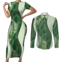 Polynesian Tribal Pattern Patchwork Picturesque Couples Matching Short Sleeve Bodycon Dress and Long Sleeve Button Shirt Sage Green LT7 Sage Green - Polynesian Pride