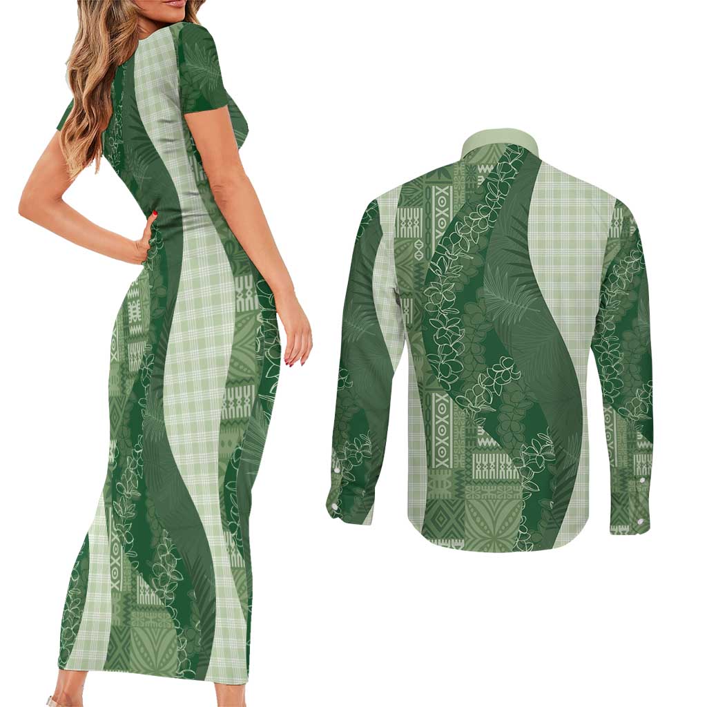 Polynesian Tribal Pattern Patchwork Picturesque Couples Matching Short Sleeve Bodycon Dress and Long Sleeve Button Shirt Sage Green LT7 - Polynesian Pride