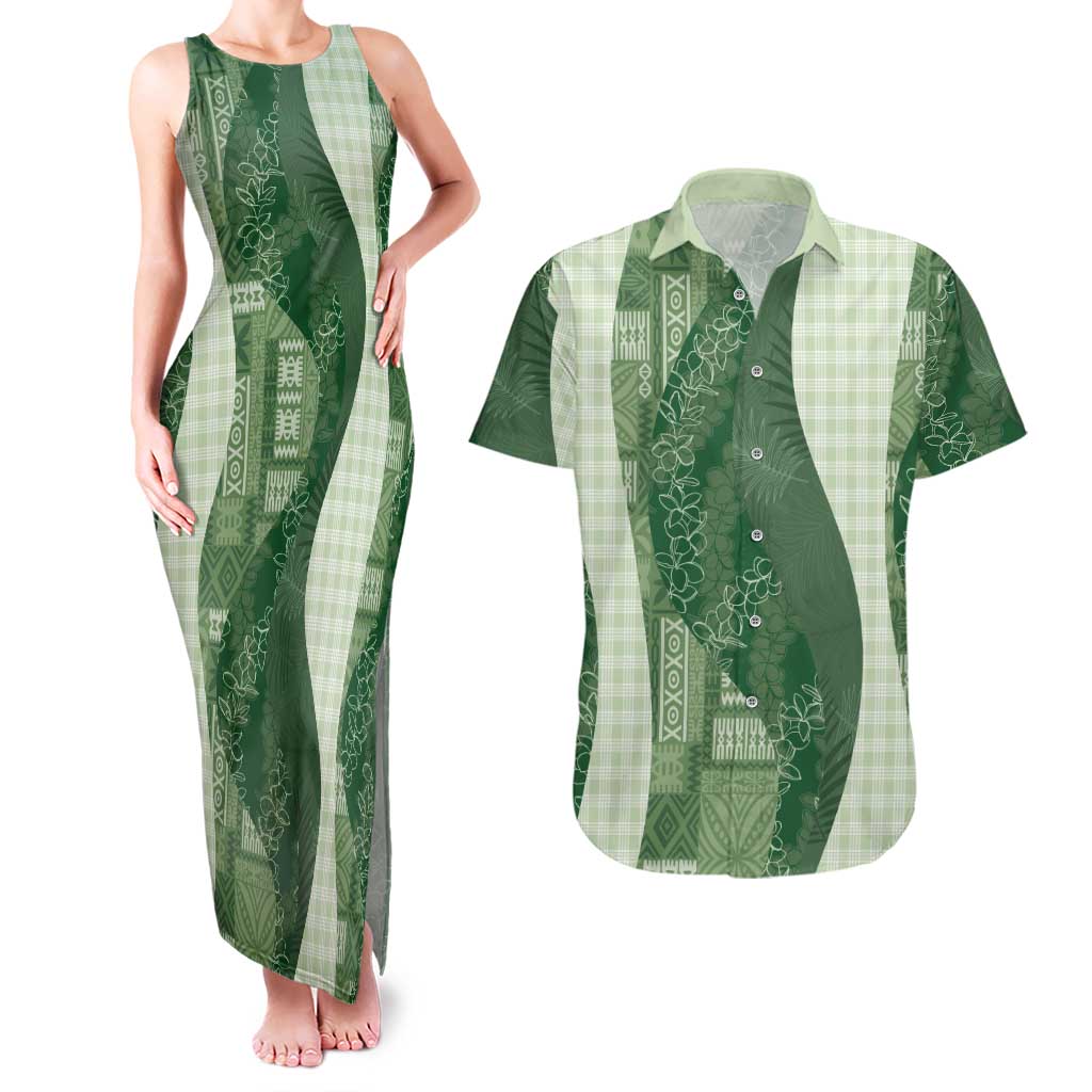 Polynesian Tribal Pattern Patchwork Picturesque Couples Matching Tank Maxi Dress and Hawaiian Shirt Sage Green