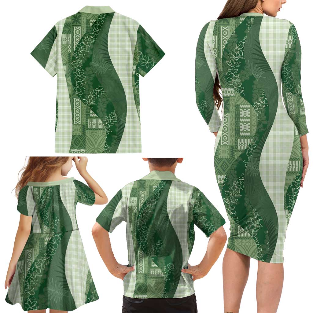 Polynesian Tribal Pattern Patchwork Picturesque Family Matching Long Sleeve Bodycon Dress and Hawaiian Shirt Sage Green LT7 - Polynesian Pride