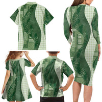 Polynesian Tribal Pattern Patchwork Picturesque Family Matching Long Sleeve Bodycon Dress and Hawaiian Shirt Sage Green LT7 - Polynesian Pride
