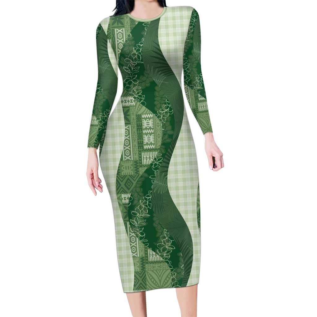 Polynesian Tribal Pattern Patchwork Picturesque Family Matching Long Sleeve Bodycon Dress and Hawaiian Shirt Sage Green LT7 Mom's Dress Sage Green - Polynesian Pride