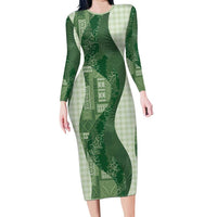 Polynesian Tribal Pattern Patchwork Picturesque Family Matching Long Sleeve Bodycon Dress and Hawaiian Shirt Sage Green LT7 Mom's Dress Sage Green - Polynesian Pride