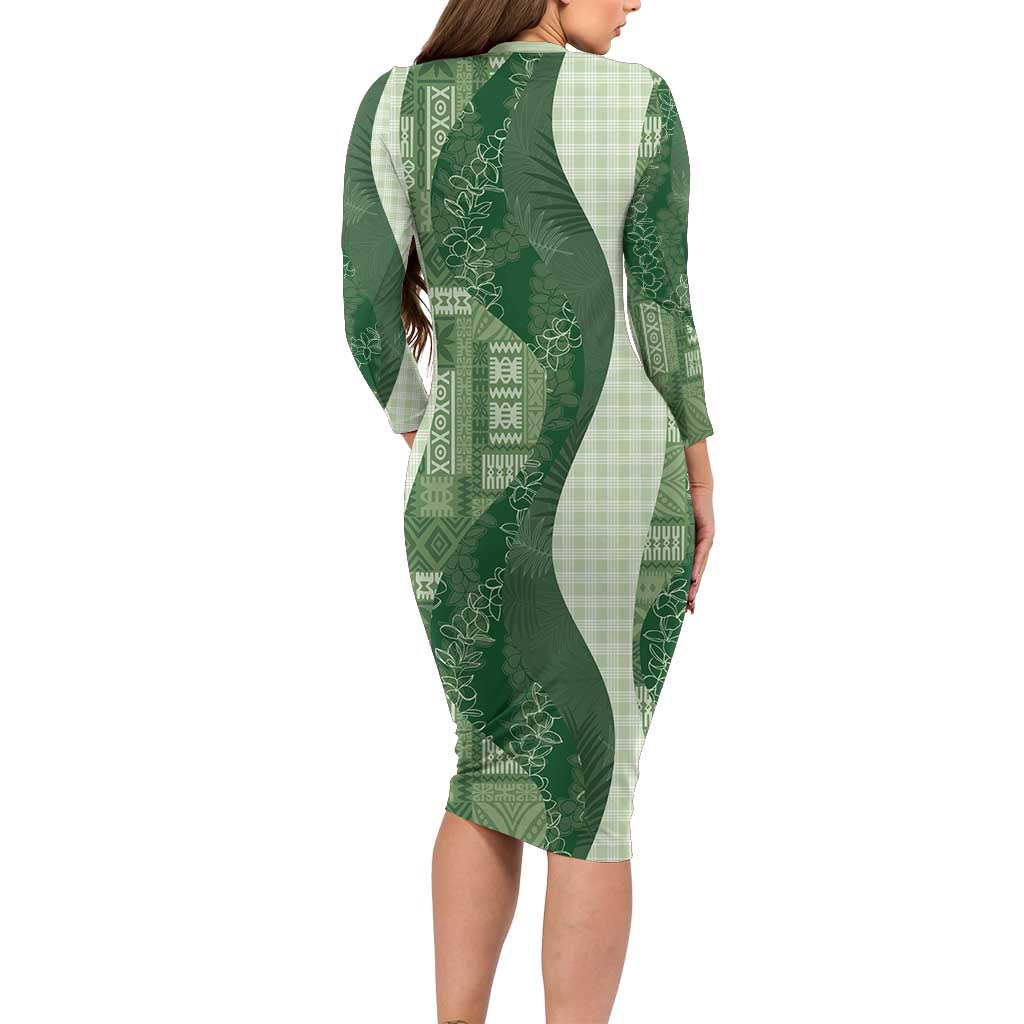 Polynesian Tribal Pattern Patchwork Picturesque Family Matching Long Sleeve Bodycon Dress and Hawaiian Shirt Sage Green LT7 - Polynesian Pride