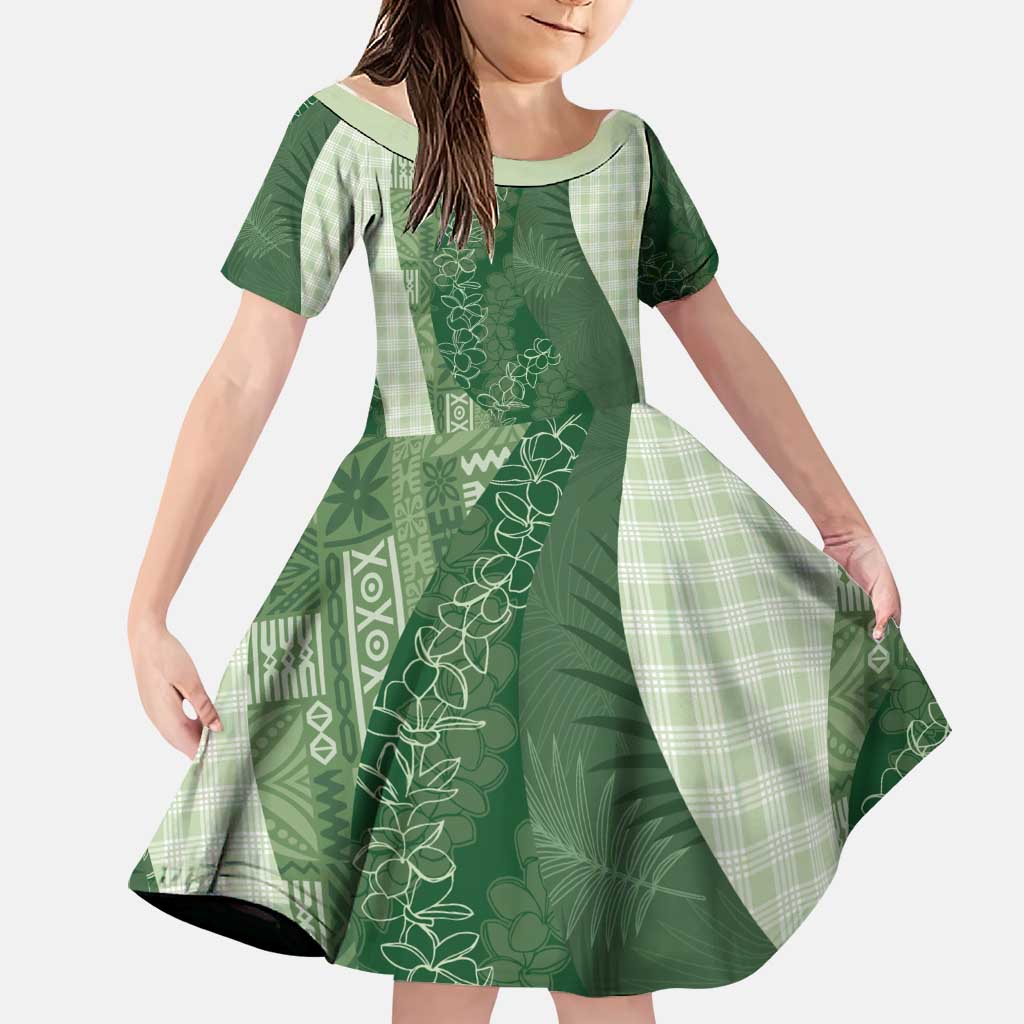 Polynesian Tribal Pattern Patchwork Picturesque Family Matching Off The Shoulder Long Sleeve Dress and Hawaiian Shirt Sage Green LT7 Daughter's Dress Sage Green - Polynesian Pride