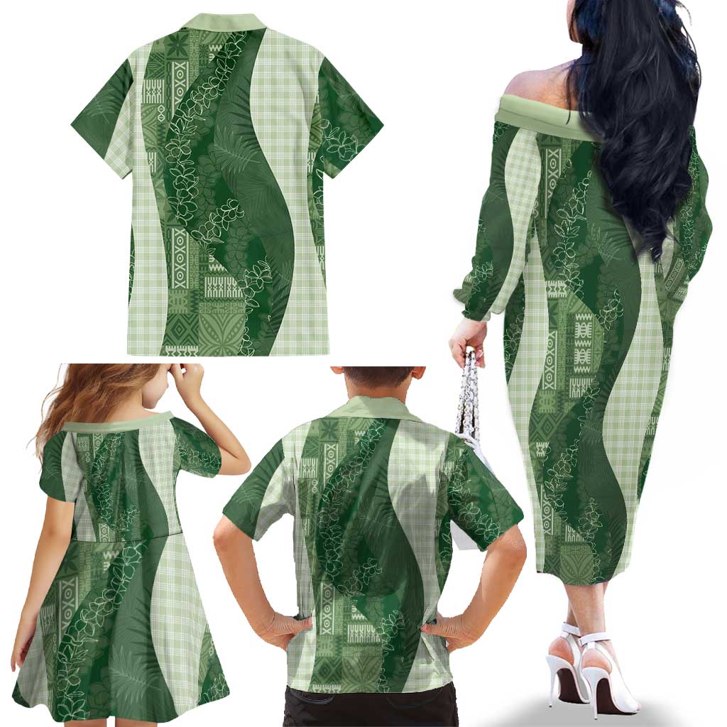 Polynesian Tribal Pattern Patchwork Picturesque Family Matching Off The Shoulder Long Sleeve Dress and Hawaiian Shirt Sage Green LT7 - Polynesian Pride