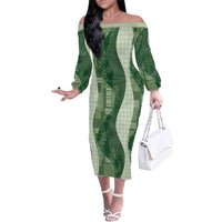 Polynesian Tribal Pattern Patchwork Picturesque Family Matching Off The Shoulder Long Sleeve Dress and Hawaiian Shirt Sage Green LT7 Mom's Dress Sage Green - Polynesian Pride