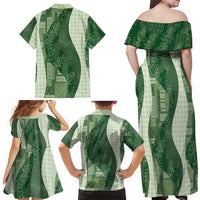 Polynesian Tribal Pattern Patchwork Picturesque Family Matching Off Shoulder Maxi Dress and Hawaiian Shirt Sage Green