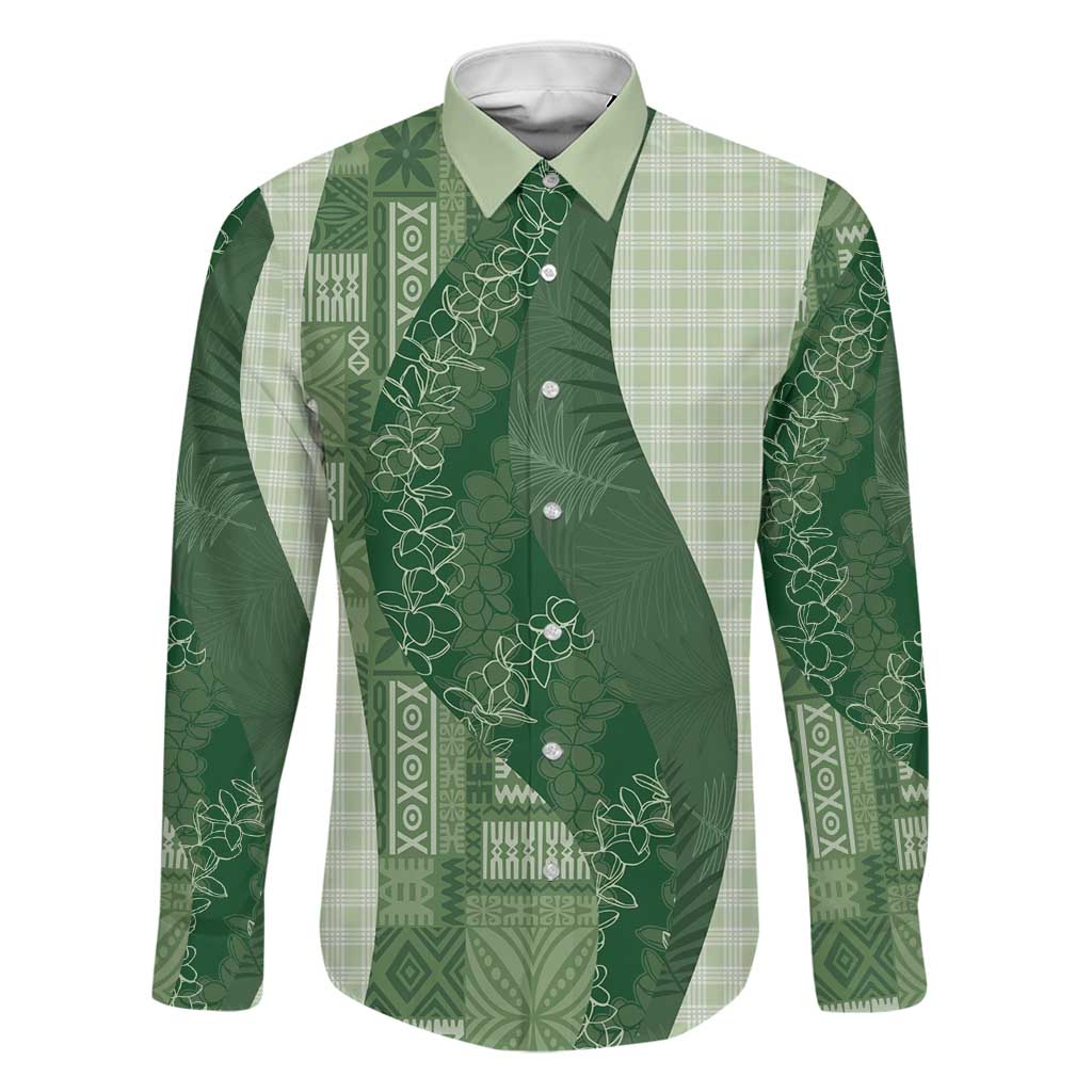 Polynesian Tribal Pattern Patchwork Picturesque Family Matching Off Shoulder Maxi Dress and Hawaiian Shirt Sage Green