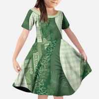 Polynesian Tribal Pattern Patchwork Picturesque Family Matching Off Shoulder Short Dress and Hawaiian Shirt Sage Green LT7 Daughter's Dress Sage Green - Polynesian Pride