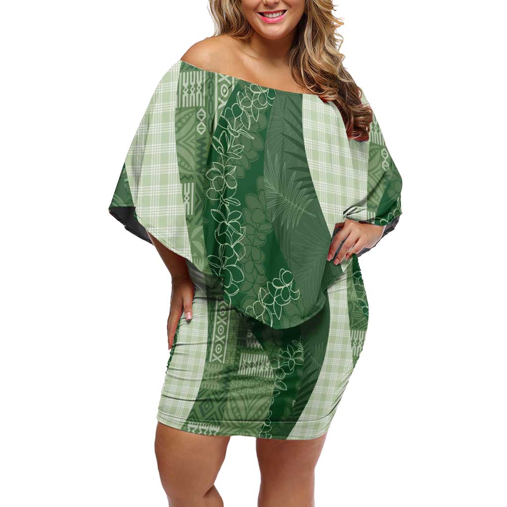 Polynesian Tribal Pattern Patchwork Picturesque Family Matching Off Shoulder Short Dress and Hawaiian Shirt Sage Green LT7 Mom's Dress Sage Green - Polynesian Pride