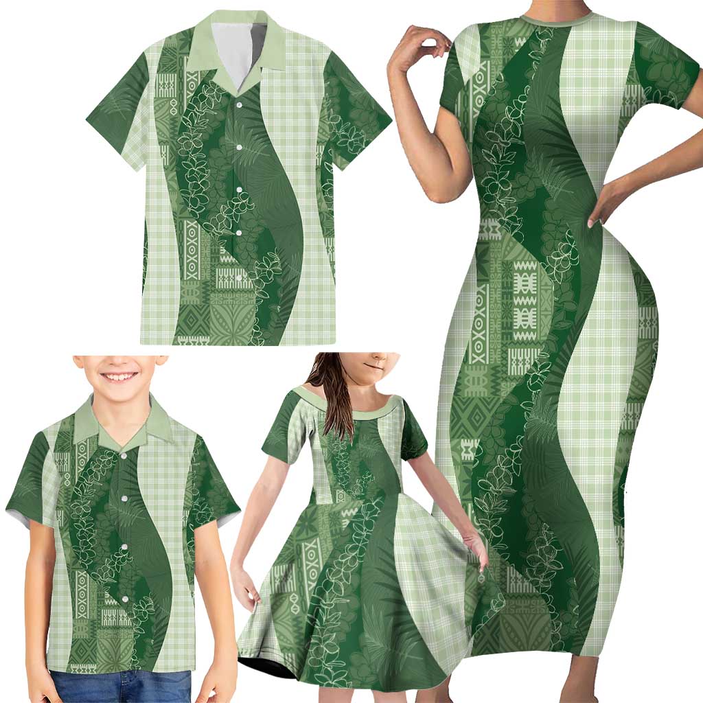 Polynesian Tribal Pattern Patchwork Picturesque Family Matching Short Sleeve Bodycon Dress and Hawaiian Shirt Sage Green LT7 - Polynesian Pride