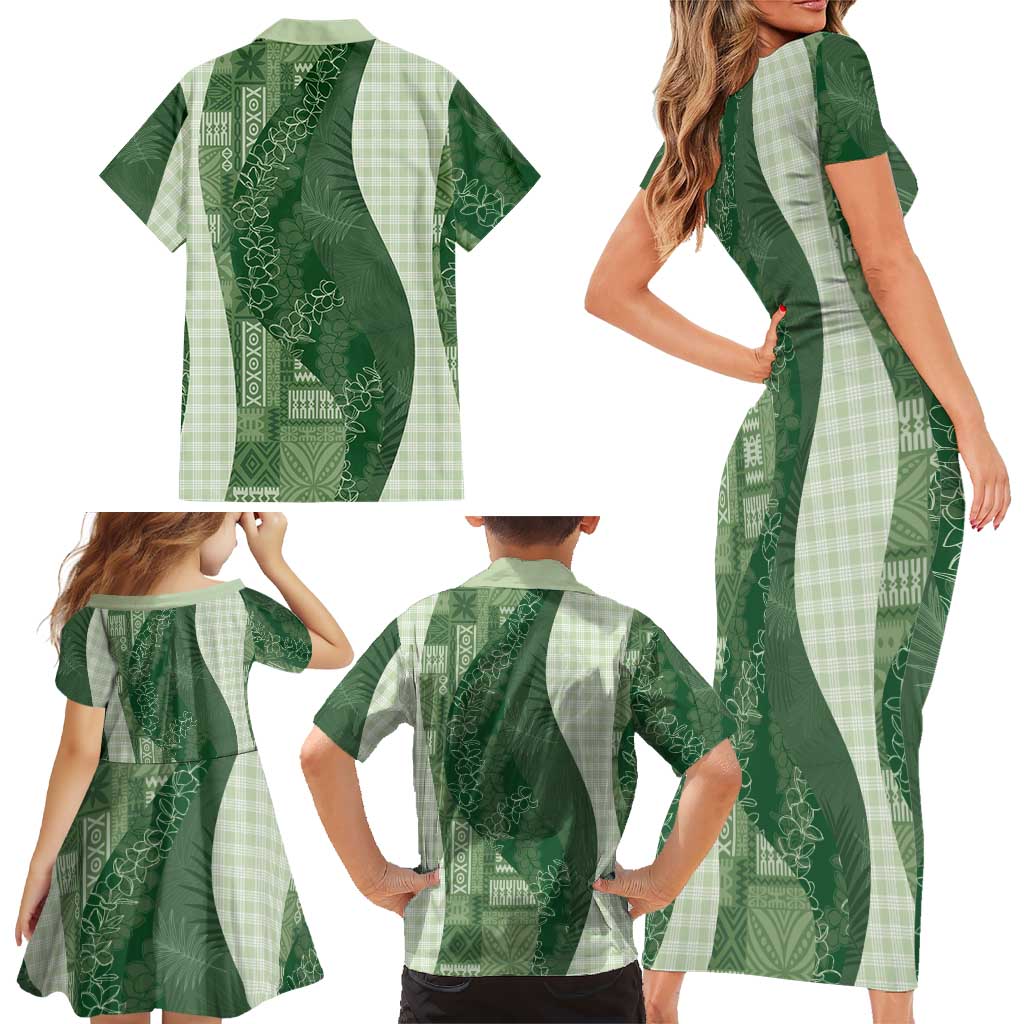 Polynesian Tribal Pattern Patchwork Picturesque Family Matching Short Sleeve Bodycon Dress and Hawaiian Shirt Sage Green LT7 - Polynesian Pride