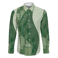 Polynesian Tribal Pattern Patchwork Picturesque Family Matching Short Sleeve Bodycon Dress and Hawaiian Shirt Sage Green LT7 Dad's Shirt - Long Sleeve Sage Green - Polynesian Pride