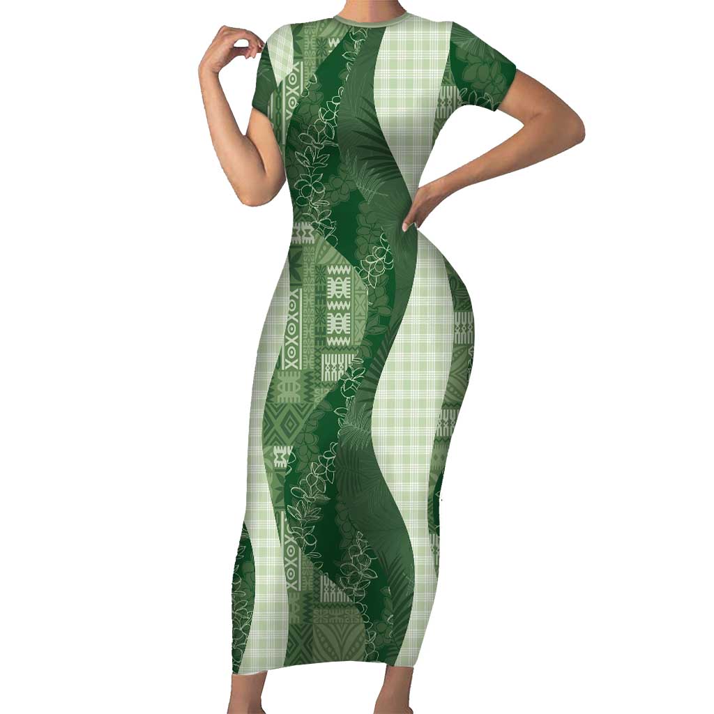 Polynesian Tribal Pattern Patchwork Picturesque Family Matching Short Sleeve Bodycon Dress and Hawaiian Shirt Sage Green LT7 Mom's Dress Sage Green - Polynesian Pride