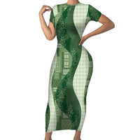 Polynesian Tribal Pattern Patchwork Picturesque Family Matching Short Sleeve Bodycon Dress and Hawaiian Shirt Sage Green LT7 Mom's Dress Sage Green - Polynesian Pride
