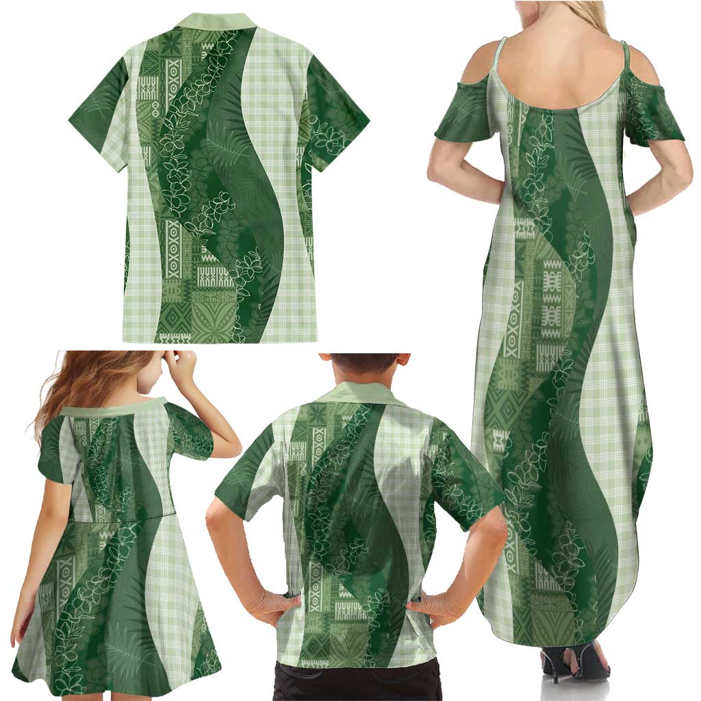 Polynesian Tribal Pattern Patchwork Picturesque Family Matching Summer Maxi Dress and Hawaiian Shirt Sage Green