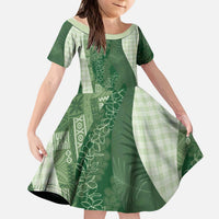 Polynesian Tribal Pattern Patchwork Picturesque Kid Short Sleeve Dress Sage Green