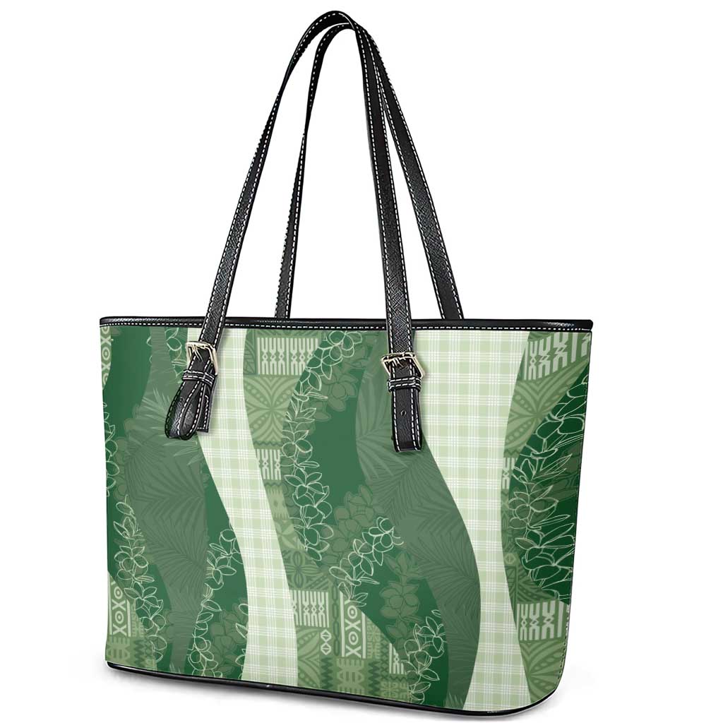 Polynesian Tribal Pattern Patchwork Picturesque Leather Tote Bag Sage Green