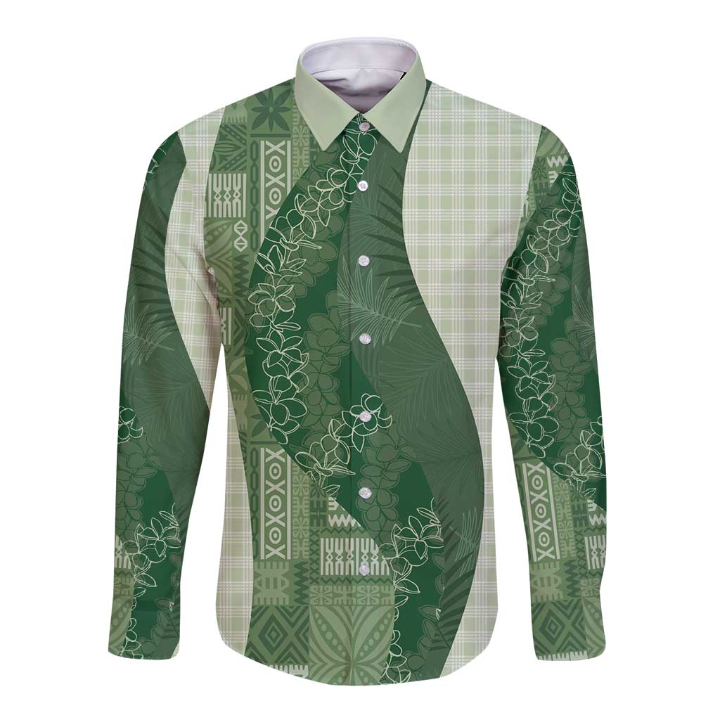 Polynesian Tribal Pattern Patchwork Picturesque Long Sleeve Button Shirt Sage Green