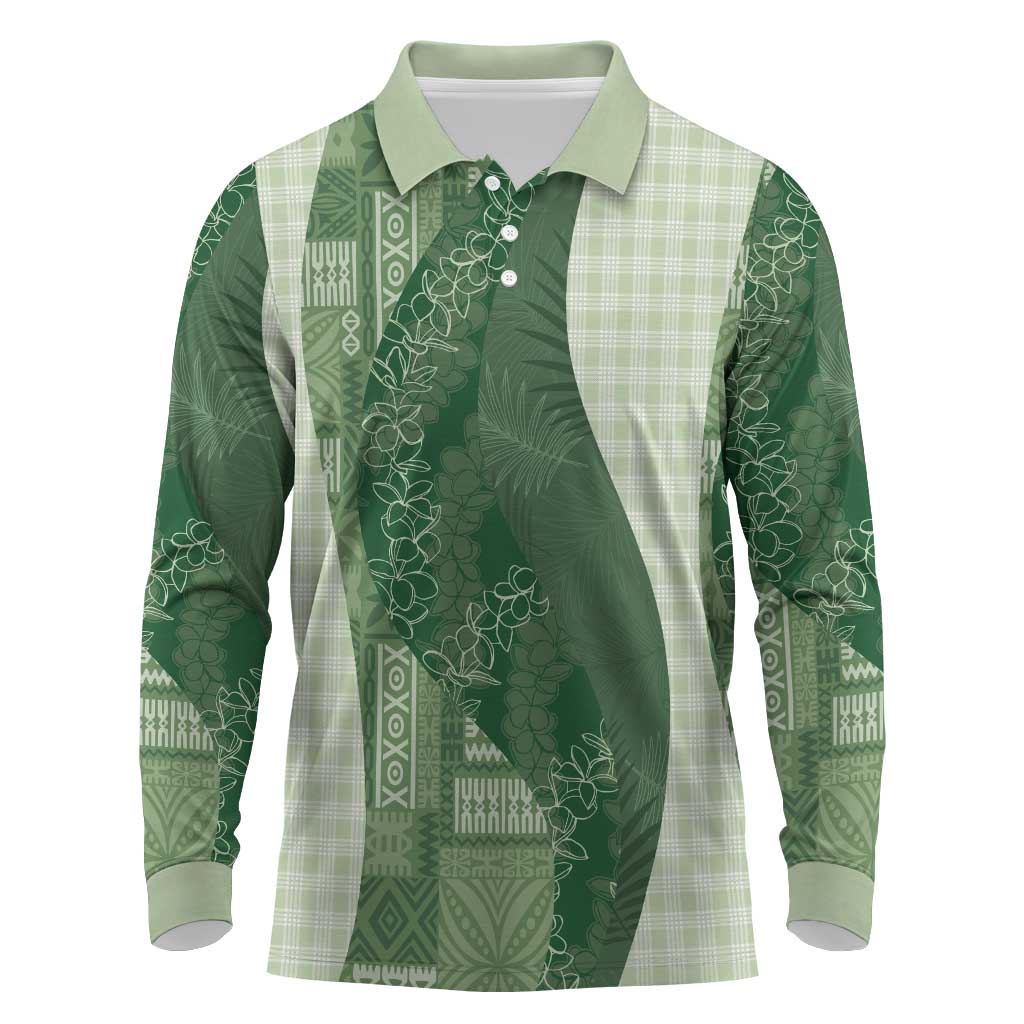 Polynesian Tribal Pattern Patchwork Picturesque Long Sleeve Polo Shirt Sage Green