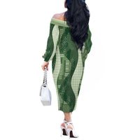 Polynesian Tribal Pattern Patchwork Picturesque Off The Shoulder Long Sleeve Dress Sage Green