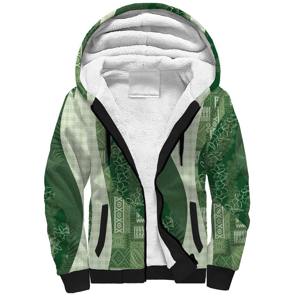 Polynesian Tribal Pattern Patchwork Picturesque Sherpa Hoodie Sage Green