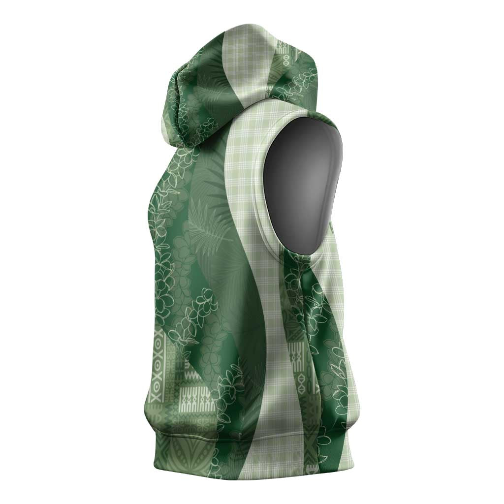 Polynesian Tribal Pattern Patchwork Picturesque Sleeveless Hoodie Sage Green