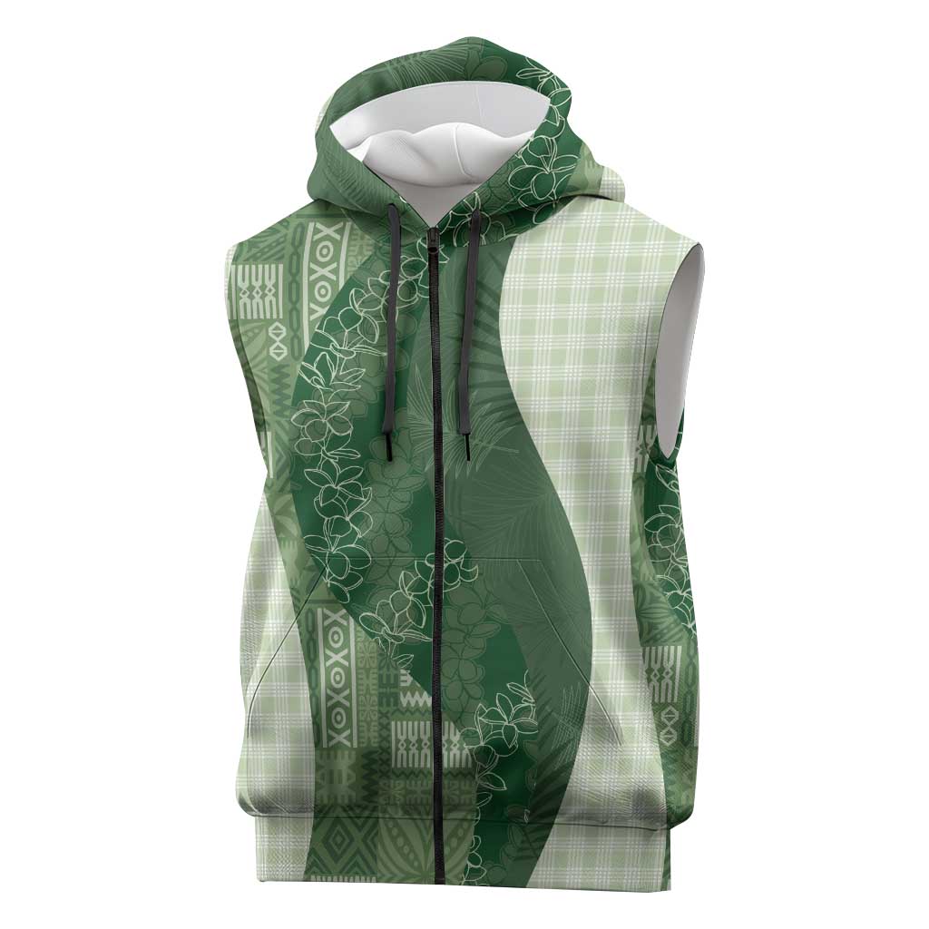 Polynesian Tribal Pattern Patchwork Picturesque Sleeveless Zip Hoodie Sage Green