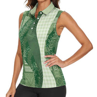 Polynesian Tribal Pattern Patchwork Picturesque Women Sleeveless Polo Shirt Sage Green