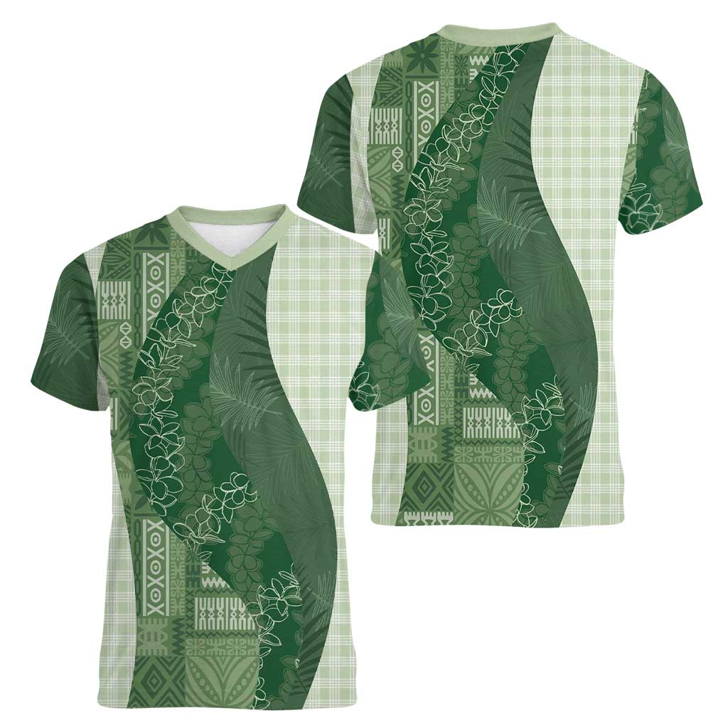Polynesian Tribal Pattern Patchwork Picturesque Women V-Neck T-Shirt Sage Green