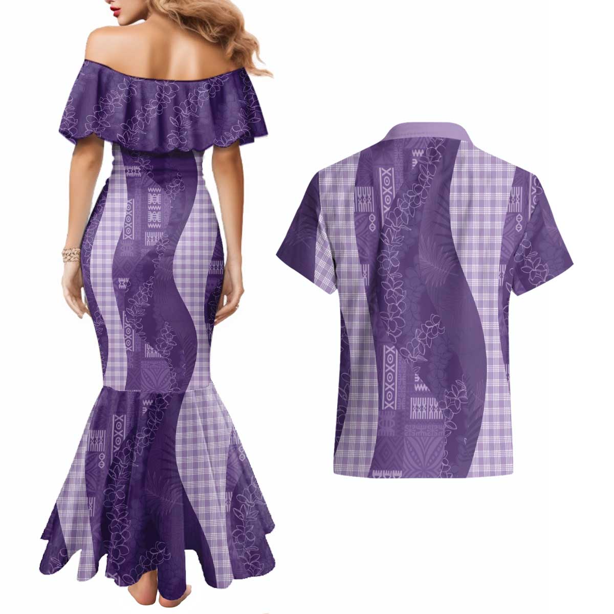 Polynesian Tribal Pattern Patchwork Picturesque Couples Matching Mermaid Dress and Hawaiian Shirt Deep Violet