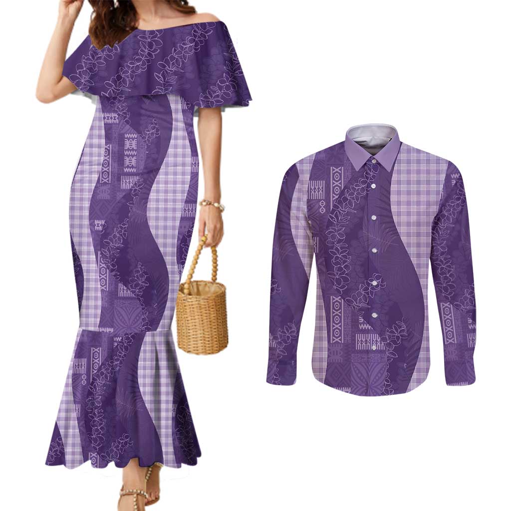 Polynesian Tribal Pattern Patchwork Picturesque Couples Matching Mermaid Dress and Long Sleeve Button Shirt Deep Violet LT7 Violet - Polynesian Pride
