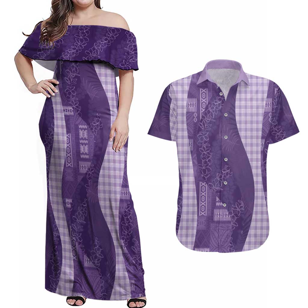 Polynesian Tribal Pattern Patchwork Picturesque Couples Matching Off Shoulder Maxi Dress and Hawaiian Shirt Deep Violet LT7 Violet - Polynesian Pride