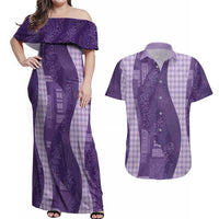 Polynesian Tribal Pattern Patchwork Picturesque Couples Matching Off Shoulder Maxi Dress and Hawaiian Shirt Deep Violet LT7 Violet - Polynesian Pride