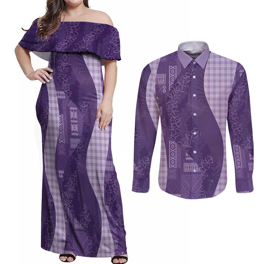 Polynesian Tribal Pattern Patchwork Picturesque Couples Matching Off Shoulder Maxi Dress and Long Sleeve Button Shirt Deep Violet LT7 Violet - Polynesian Pride