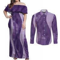 Polynesian Tribal Pattern Patchwork Picturesque Couples Matching Off Shoulder Maxi Dress and Long Sleeve Button Shirt Deep Violet LT7 Violet - Polynesian Pride