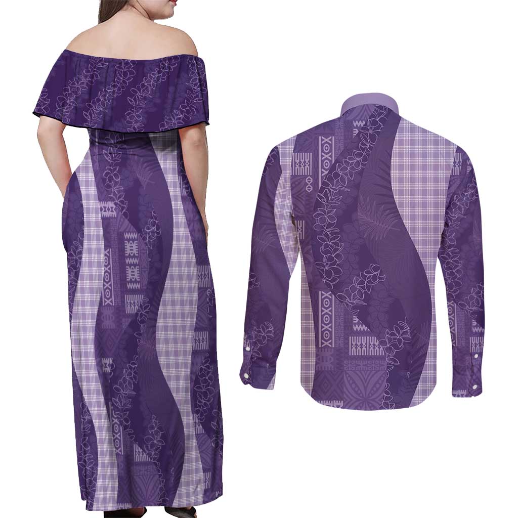 Polynesian Tribal Pattern Patchwork Picturesque Couples Matching Off Shoulder Maxi Dress and Long Sleeve Button Shirt Deep Violet LT7 - Polynesian Pride