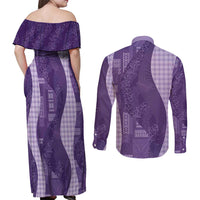 Polynesian Tribal Pattern Patchwork Picturesque Couples Matching Off Shoulder Maxi Dress and Long Sleeve Button Shirt Deep Violet LT7 - Polynesian Pride