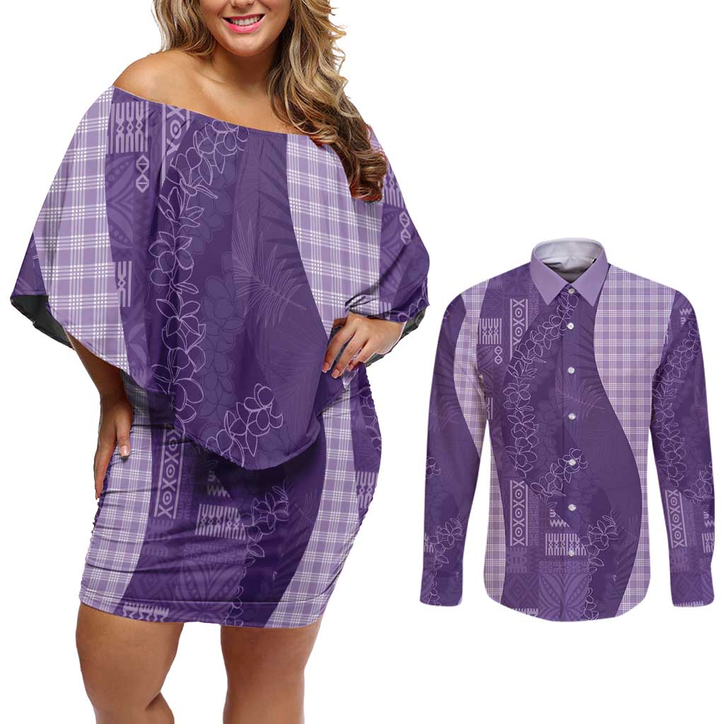Polynesian Tribal Pattern Patchwork Picturesque Couples Matching Off Shoulder Short Dress and Long Sleeve Button Shirt Deep Violet LT7 Violet - Polynesian Pride