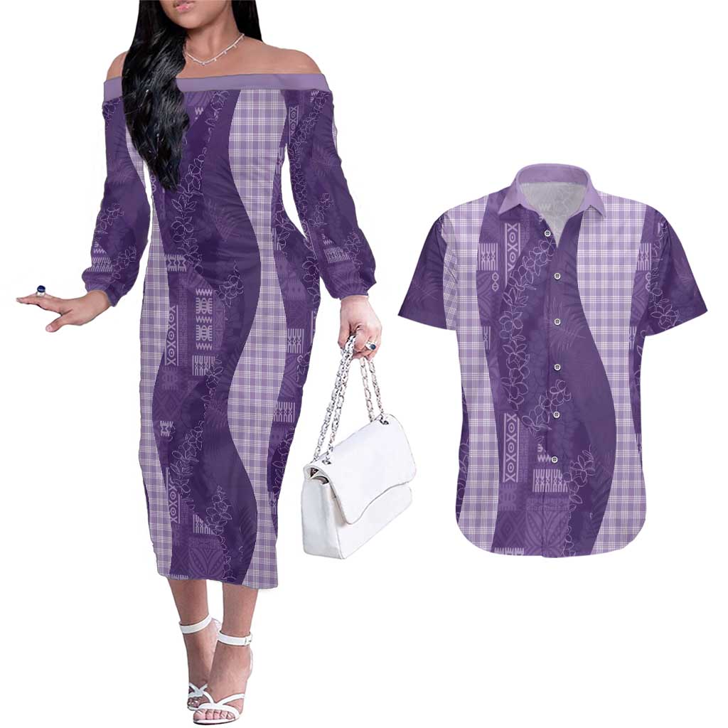 Polynesian Tribal Pattern Patchwork Picturesque Couples Matching Off The Shoulder Long Sleeve Dress and Hawaiian Shirt Deep Violet