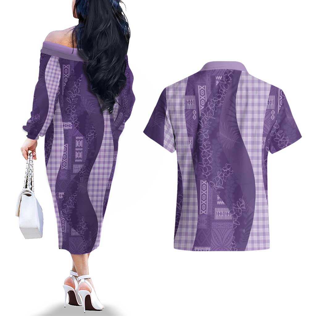 Polynesian Tribal Pattern Patchwork Picturesque Couples Matching Off The Shoulder Long Sleeve Dress and Hawaiian Shirt Deep Violet