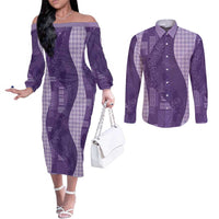 Polynesian Tribal Pattern Patchwork Picturesque Couples Matching Off The Shoulder Long Sleeve Dress and Long Sleeve Button Shirt Deep Violet