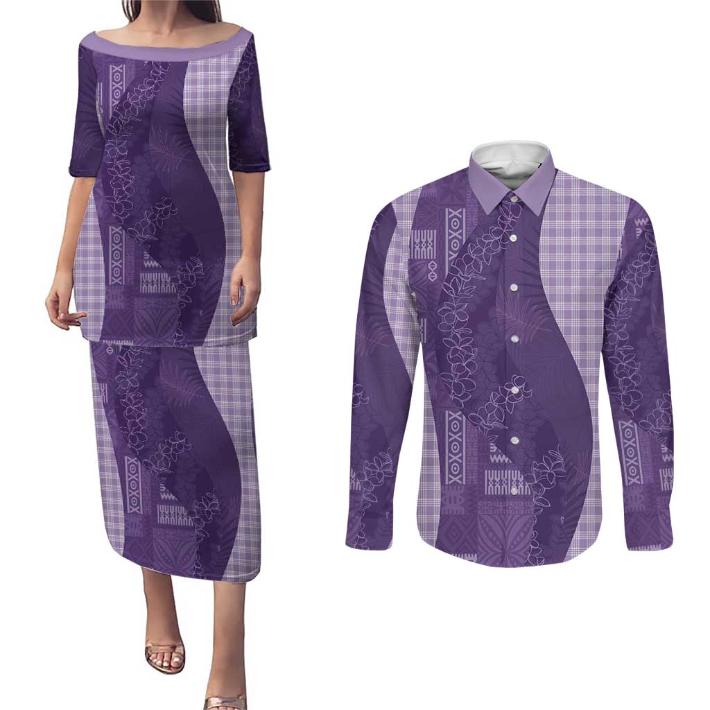 Polynesian Tribal Pattern Patchwork Picturesque Couples Matching Puletasi and Long Sleeve Button Shirt Deep Violet LT7 Violet - Polynesian Pride