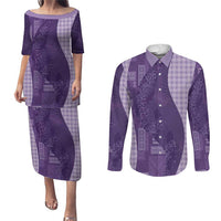 Polynesian Tribal Pattern Patchwork Picturesque Couples Matching Puletasi and Long Sleeve Button Shirt Deep Violet LT7 Violet - Polynesian Pride