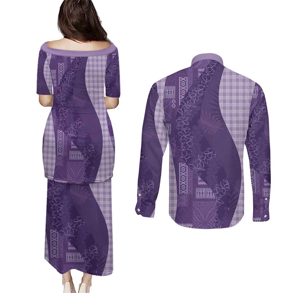 Polynesian Tribal Pattern Patchwork Picturesque Couples Matching Puletasi and Long Sleeve Button Shirt Deep Violet LT7 - Polynesian Pride