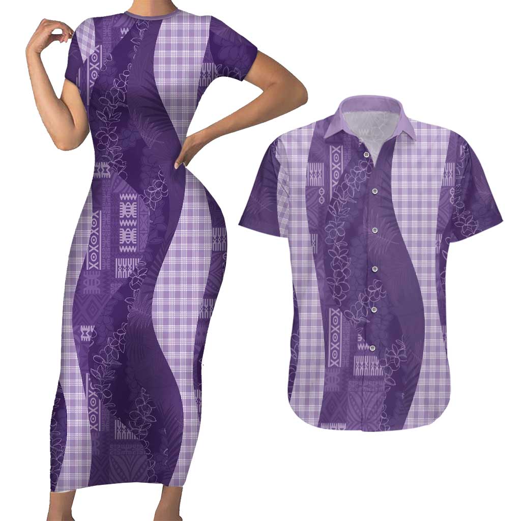 Polynesian Tribal Pattern Patchwork Picturesque Couples Matching Short Sleeve Bodycon Dress and Hawaiian Shirt Deep Violet