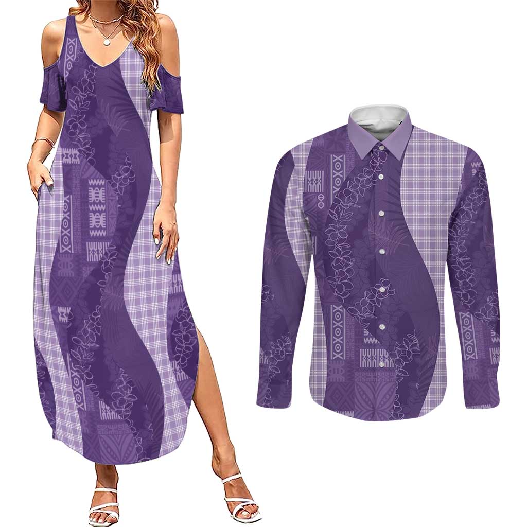 Polynesian Tribal Pattern Patchwork Picturesque Couples Matching Summer Maxi Dress and Long Sleeve Button Shirt Deep Violet LT7 Violet - Polynesian Pride